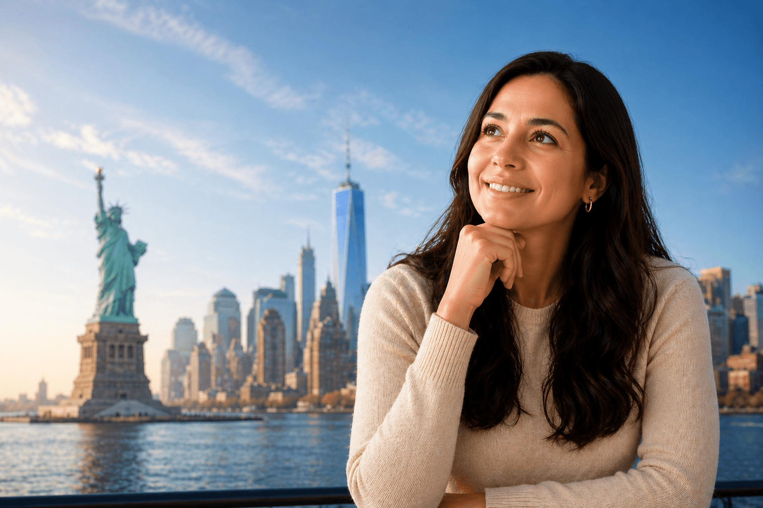 Mujer sonriente frente a la Estatua de la Libertad